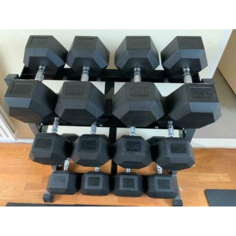 Hex dumbellset 37,5-50kg plus rek