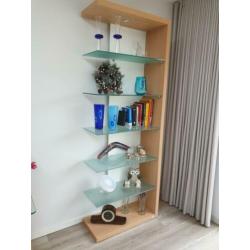 Boekenkast met glasplaten en witte achterwand.
