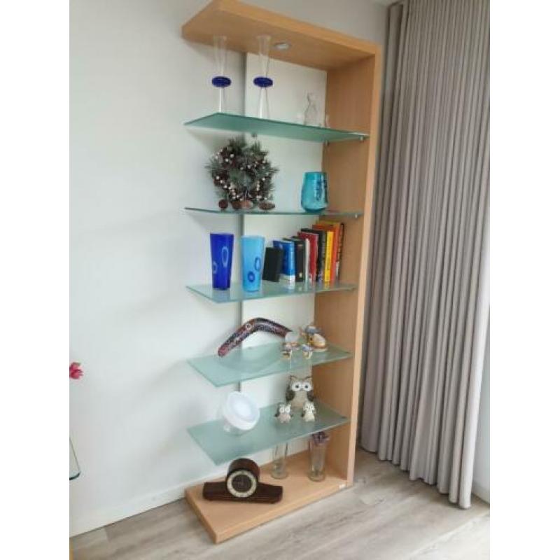 Boekenkast met glasplaten en witte achterwand.