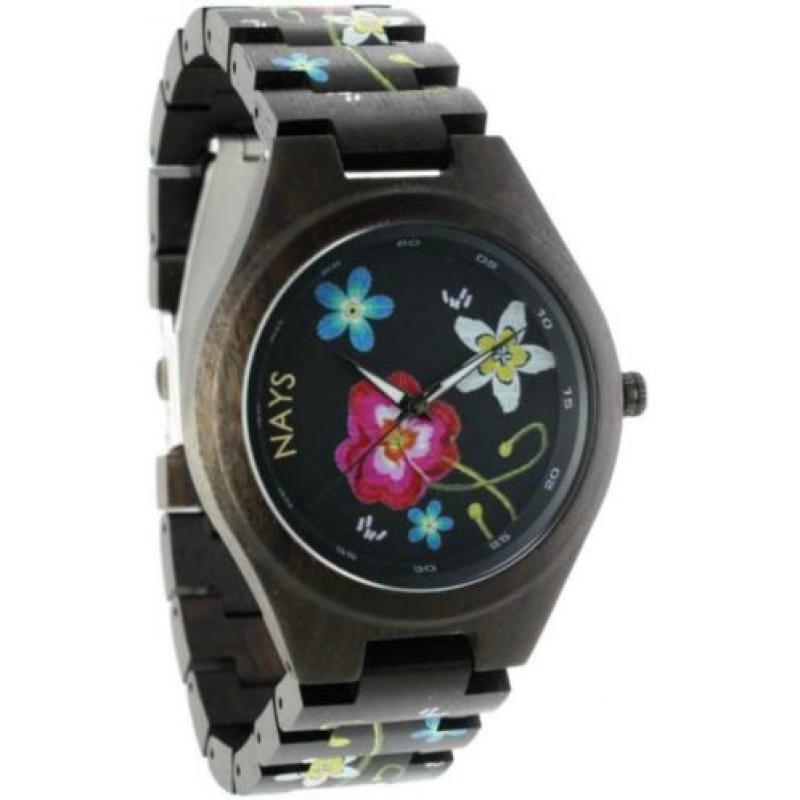 NAYS - Houten Unisex Horloge - Flower Power - Ø 43mm -99EU