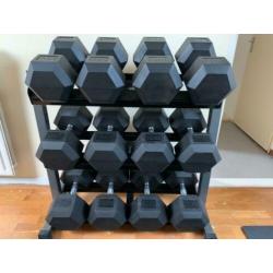 Hex dumbellset 37,5-50kg plus rek