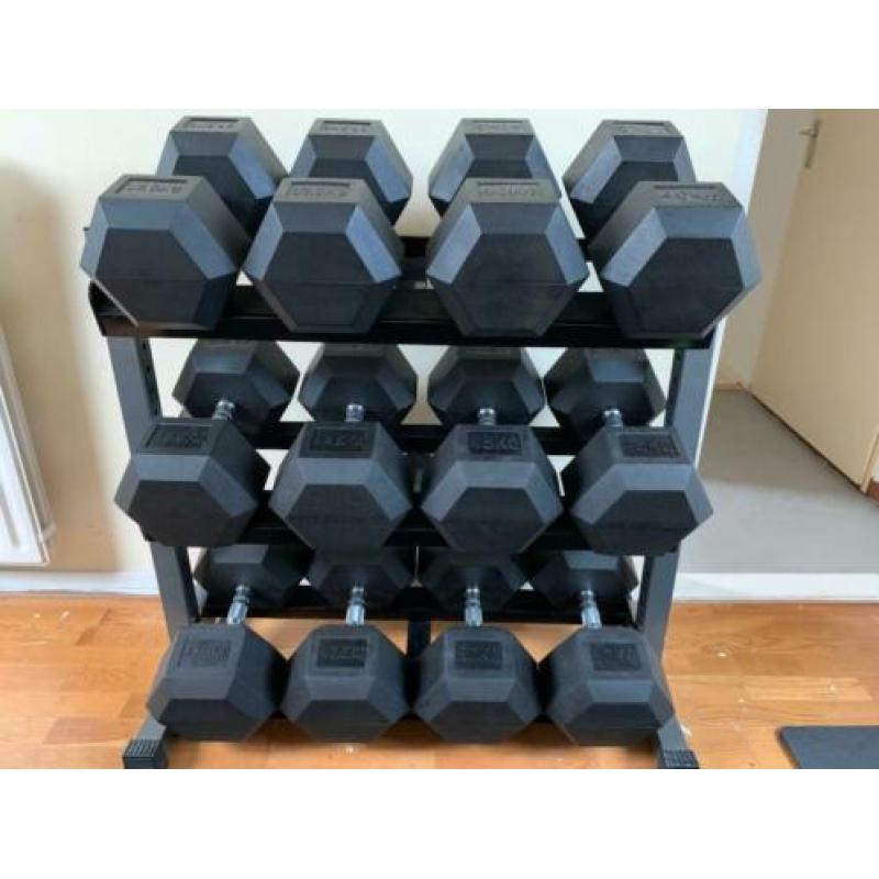 Hex dumbellset 37,5-50kg plus rek