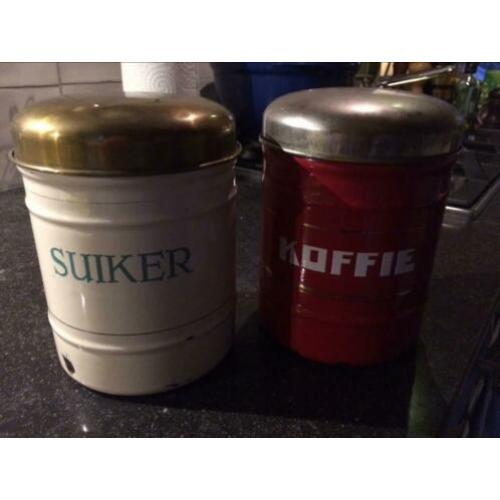 Emaille brocante koffie- en suiker bussen