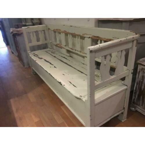 Grote vintage klepbank, houten bank, eetkamerbank, halbank