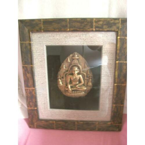 Oud Budha bronze-dekor achter glas 40x35cm