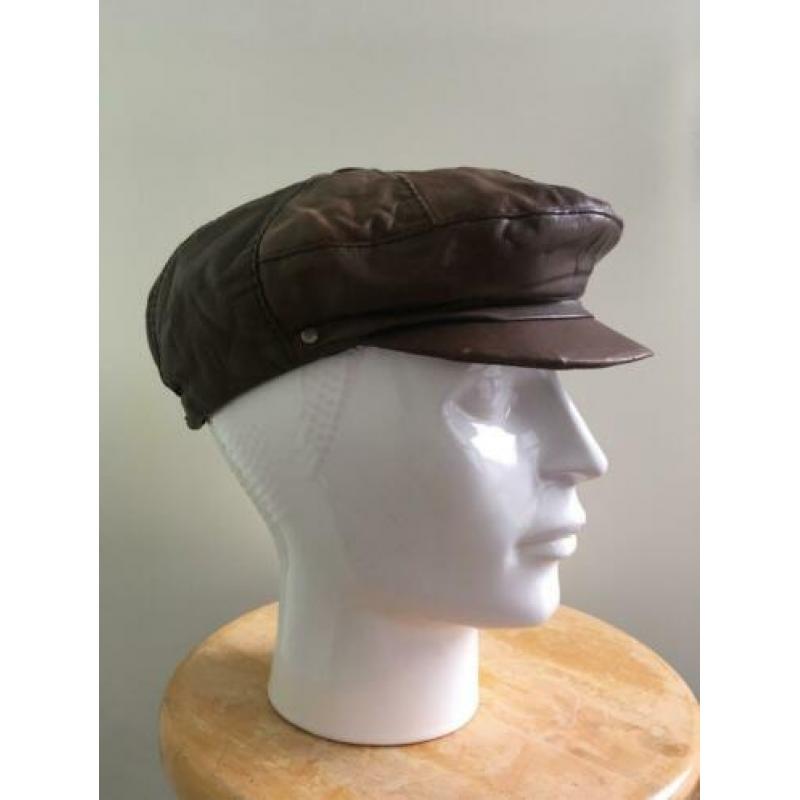 Vintage leren bruine pet S M 36 38 leer retro flatcap cap