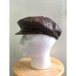 Vintage leren bruine pet S M 36 38 leer retro flatcap cap