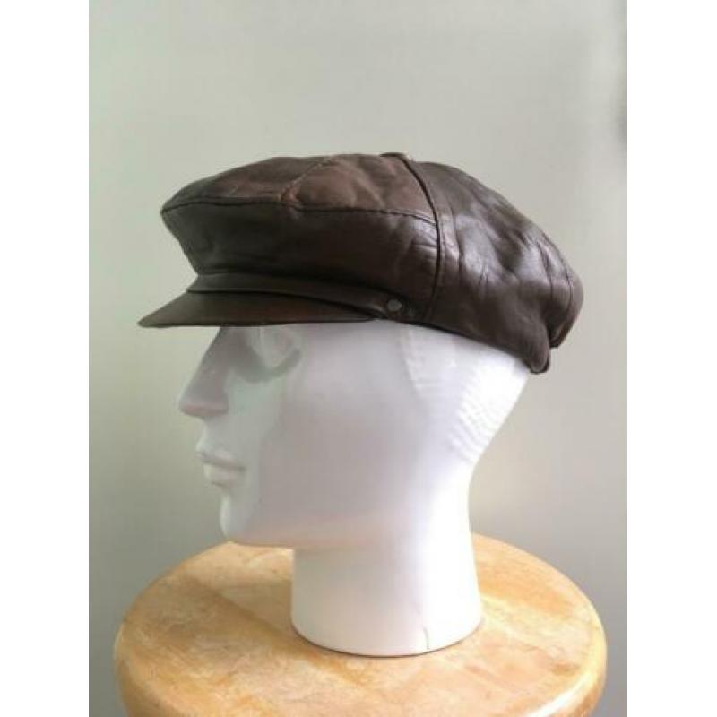 Vintage leren bruine pet S M 36 38 leer retro flatcap cap