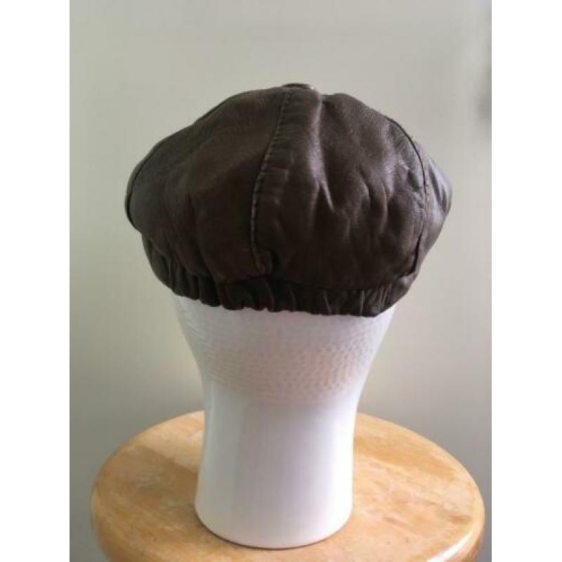 Vintage leren bruine pet S M 36 38 leer retro flatcap cap