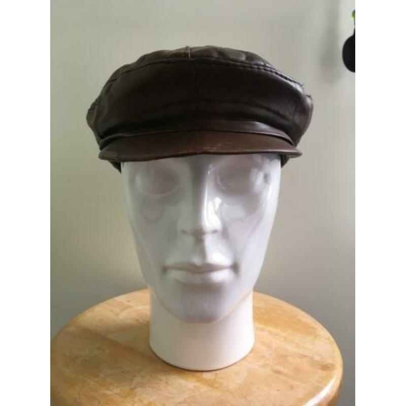 Vintage leren bruine pet S M 36 38 leer retro flatcap cap