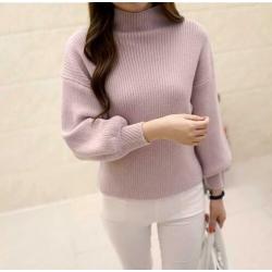 Zgan lila trui dress hoge nek pofmouw zacht gebreid rib