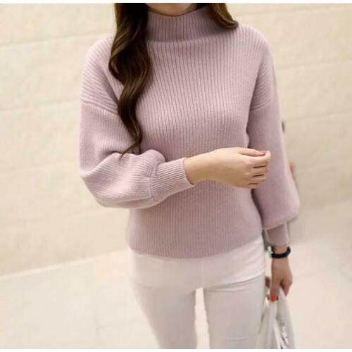 Zgan lila trui dress hoge nek pofmouw zacht gebreid rib
