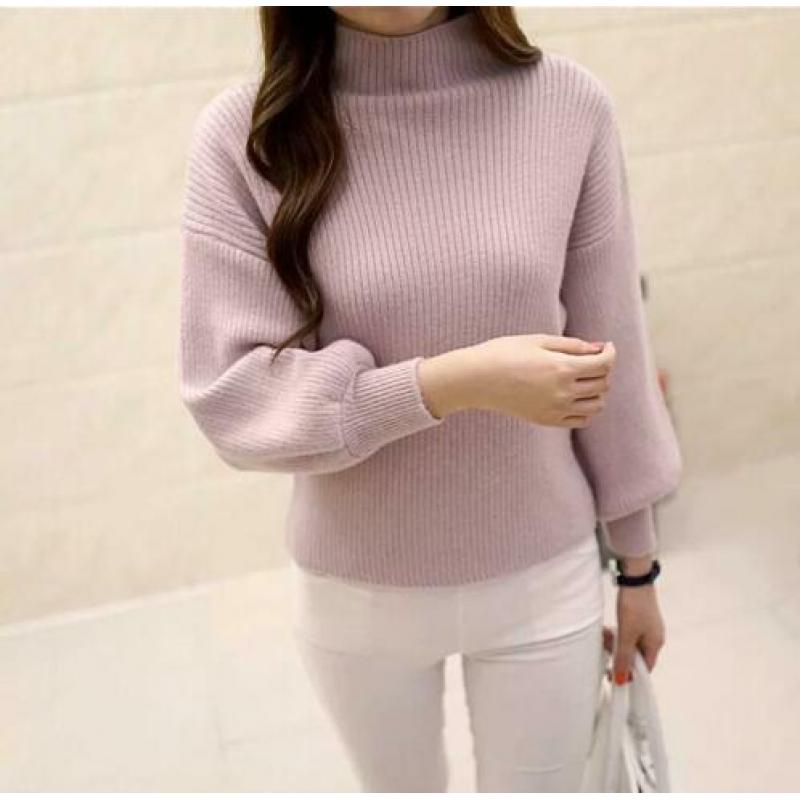 Zgan lila trui dress hoge nek pofmouw zacht gebreid rib