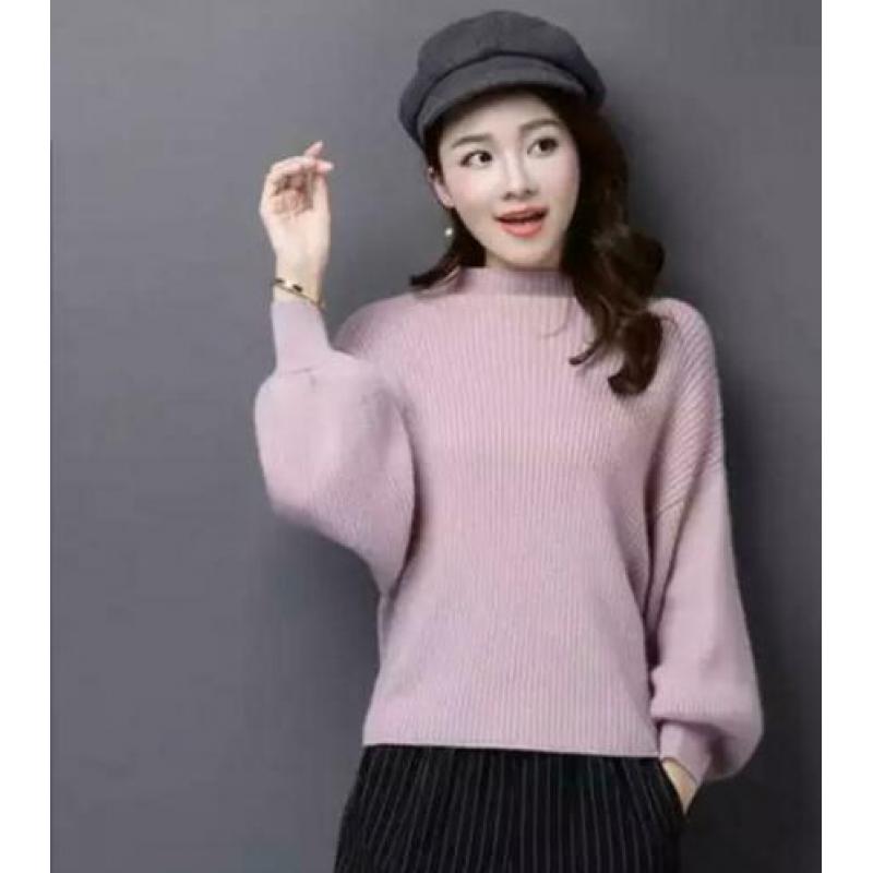 Zgan lila trui dress hoge nek pofmouw zacht gebreid rib