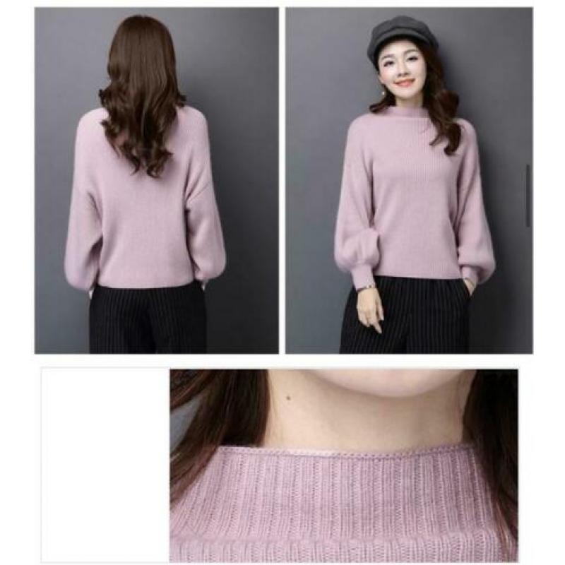 Zgan lila trui dress hoge nek pofmouw zacht gebreid rib