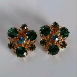Goudkleurige vintage oorbellen clips strass Aurora borealis