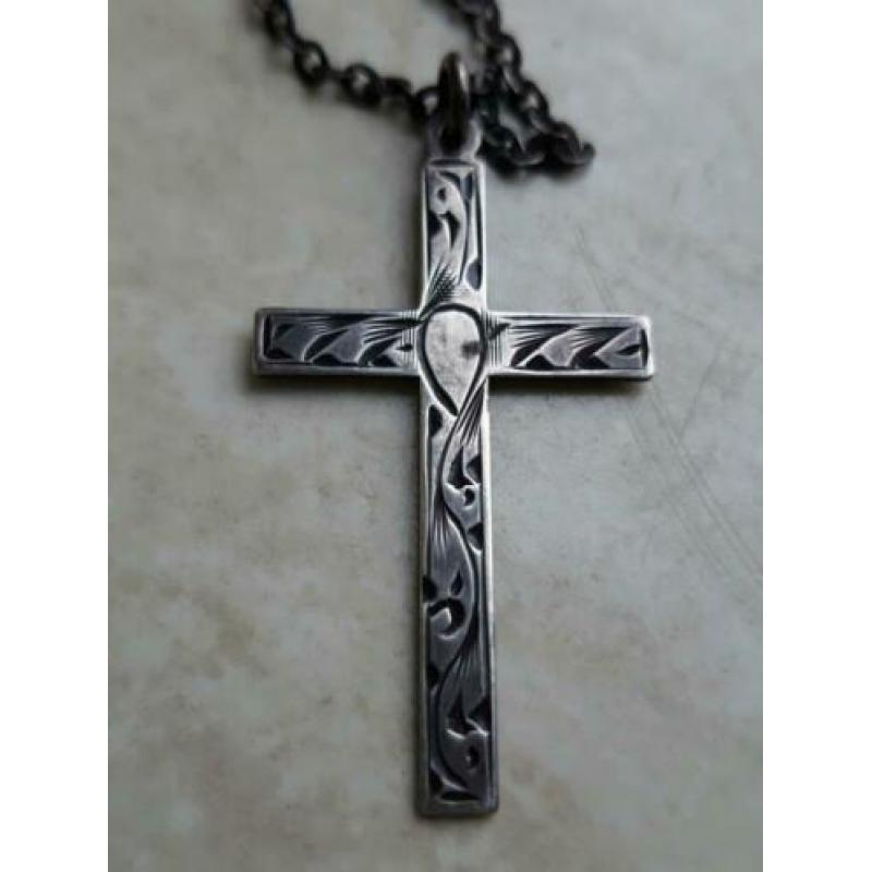 vintage ketting met zilveren kruis hanger gemerkt jws silver