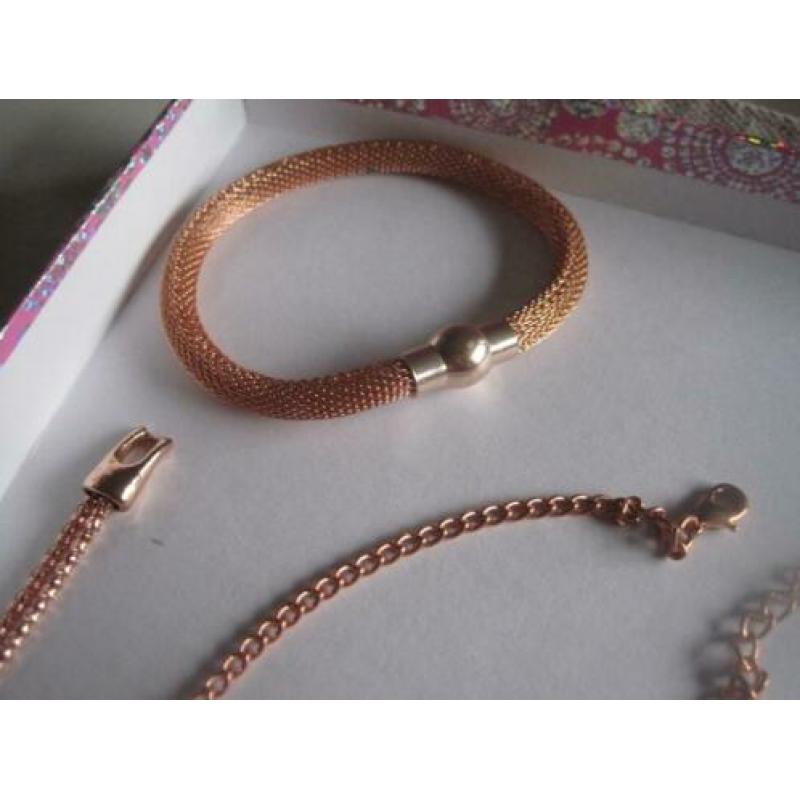 ketting,oorbellen,2 armbanden rose/goud kleur