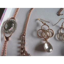 ketting,oorbellen,2 armbanden rose/goud kleur