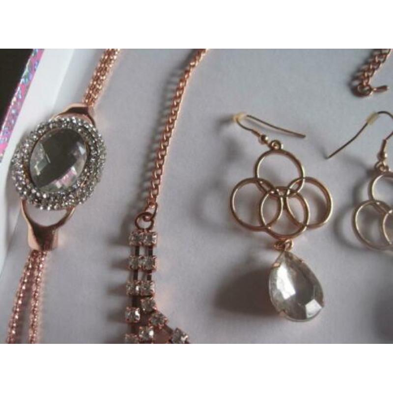ketting,oorbellen,2 armbanden rose/goud kleur