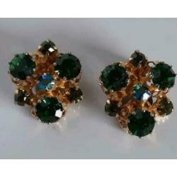 Goudkleurige vintage oorbellen clips strass Aurora borealis