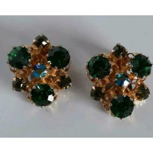 Goudkleurige vintage oorbellen clips strass Aurora borealis