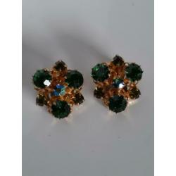Goudkleurige vintage oorbellen clips strass Aurora borealis
