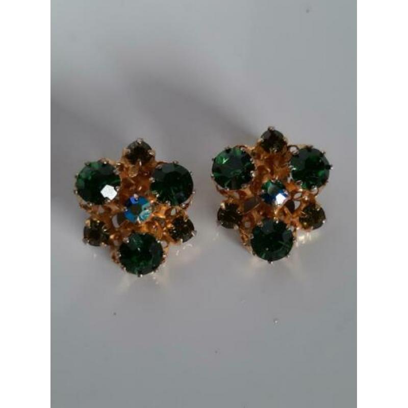 Goudkleurige vintage oorbellen clips strass Aurora borealis
