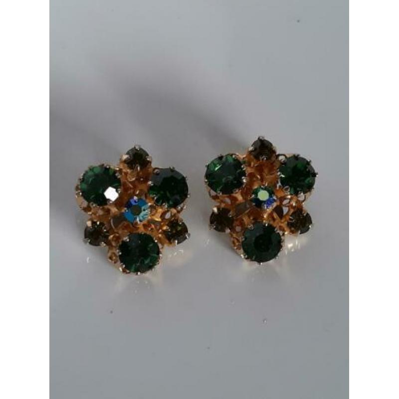 Goudkleurige vintage oorbellen clips strass Aurora borealis