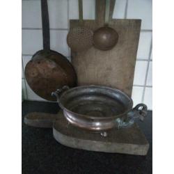 Oude brocante koperen zeef vergiet schaal handvaten *Etage3*
