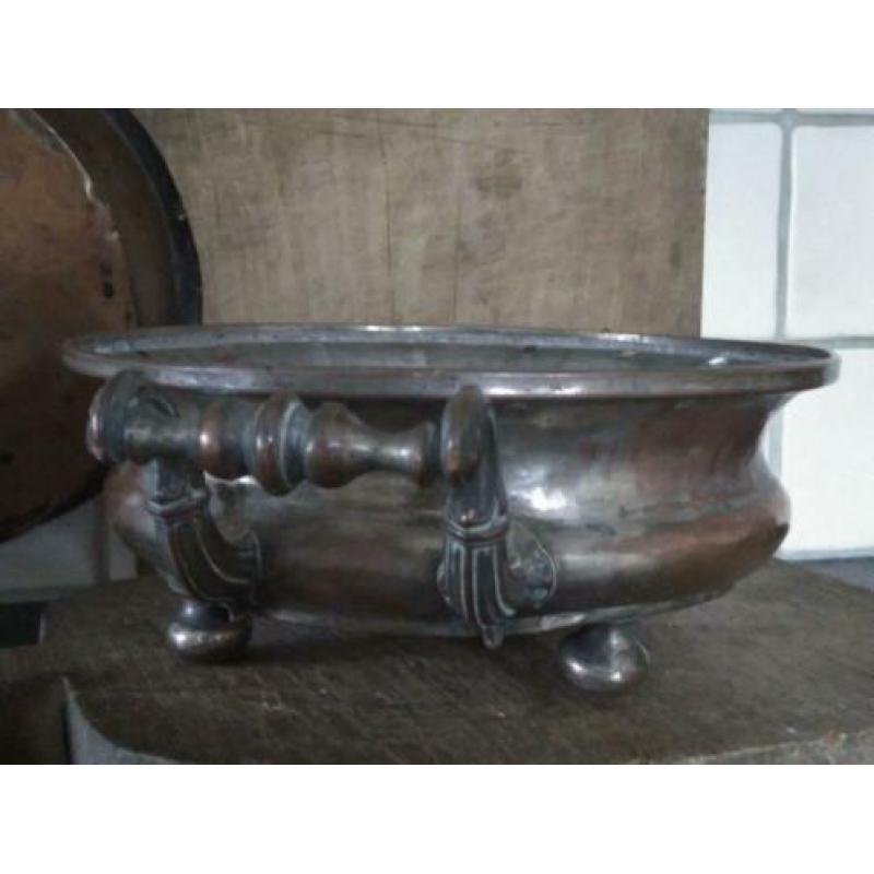 Oude brocante koperen zeef vergiet schaal handvaten *Etage3*