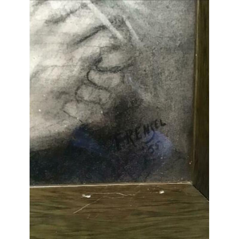 Antiek, houtskooltekening. Gesigneerd, ingelijst