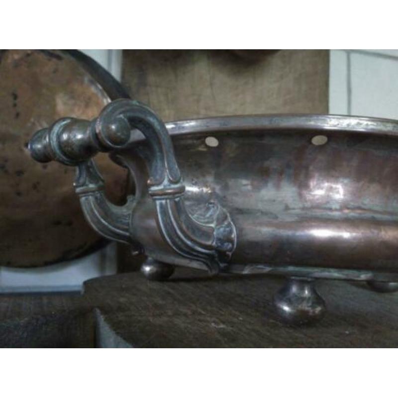 Oude brocante koperen zeef vergiet schaal handvaten *Etage3*