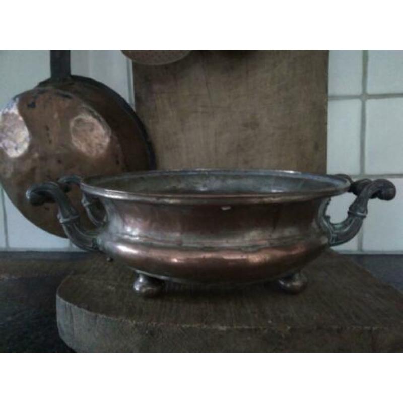 Oude brocante koperen zeef vergiet schaal handvaten *Etage3*