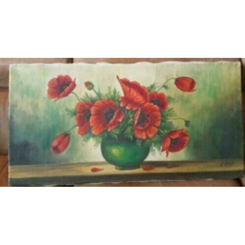 schilderij olieverf op doek klaprozen op vaas D. Vecht.