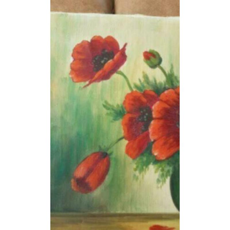 schilderij olieverf op doek klaprozen op vaas D. Vecht.