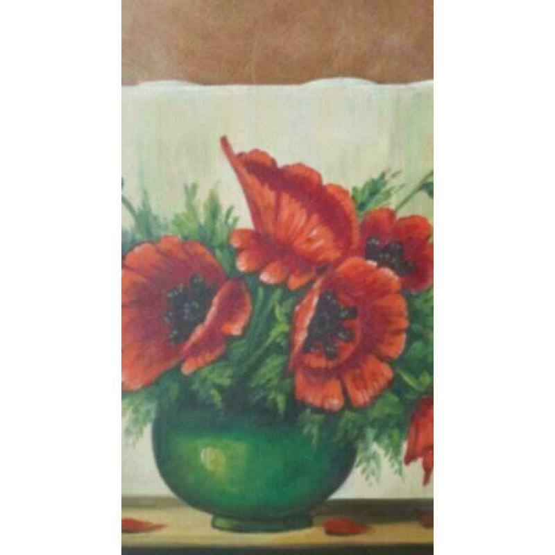 schilderij olieverf op doek klaprozen op vaas D. Vecht.