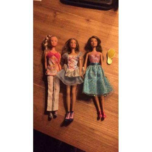 Barbiepoppen met kleding en schoenen, en kam.