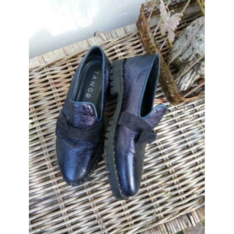 Leren instappers m strik maat 39 ,,Tango". Donkerblauw
