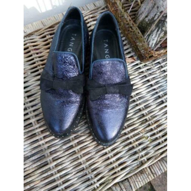 Leren instappers m strik maat 39 ,,Tango". Donkerblauw