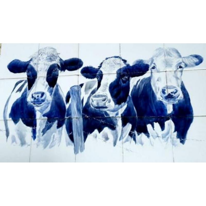 Handbeschilderd tegeltableau op authentieke Friese witjes