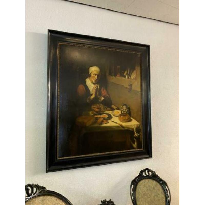 Prachtig groot schilderij naar Maes in zwarte lijst