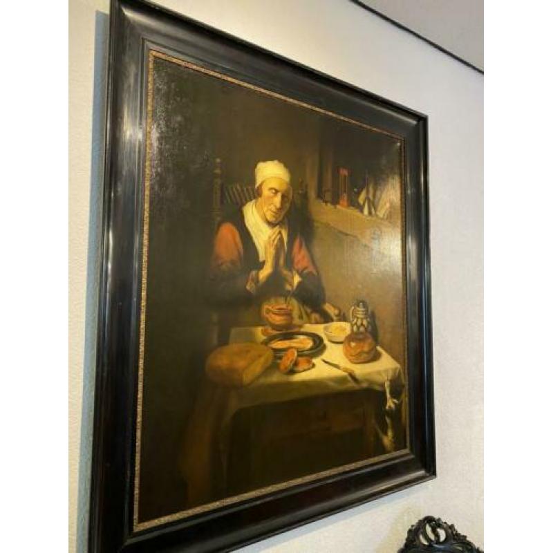 Prachtig groot schilderij naar Maes in zwarte lijst