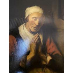 Prachtig groot schilderij naar Maes in zwarte lijst