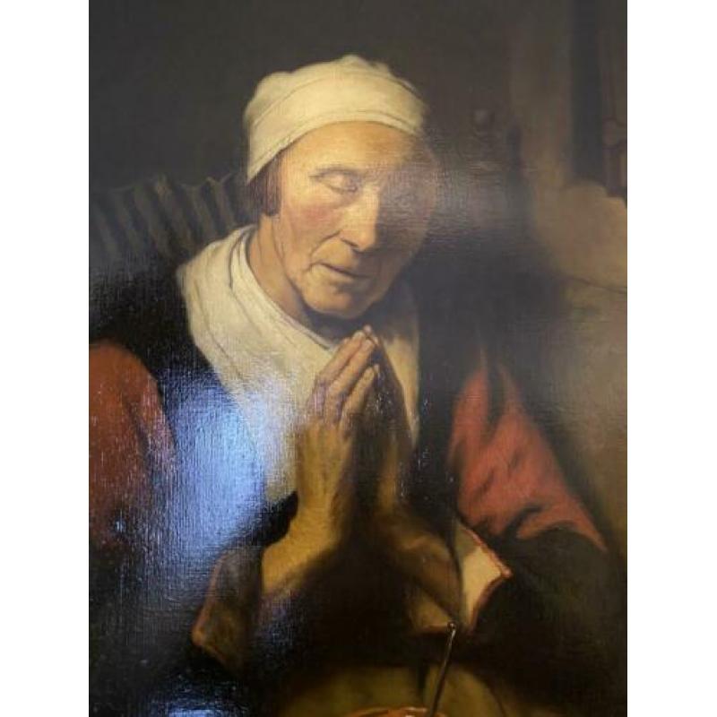 Prachtig groot schilderij naar Maes in zwarte lijst