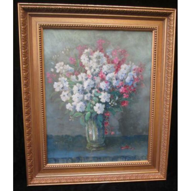 Sfeervol Bloemstilleven Olieverf Prachtige Lijst 62,5 x 52,5