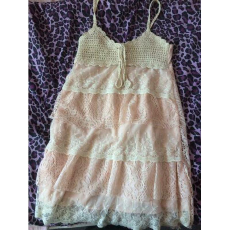 Mooie zomer jurkje dames coral beige gebreid maat s xs nieuw