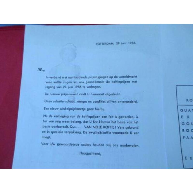 Prijscourant koffie van Van Nelle 28 juni 1956 met bijlage