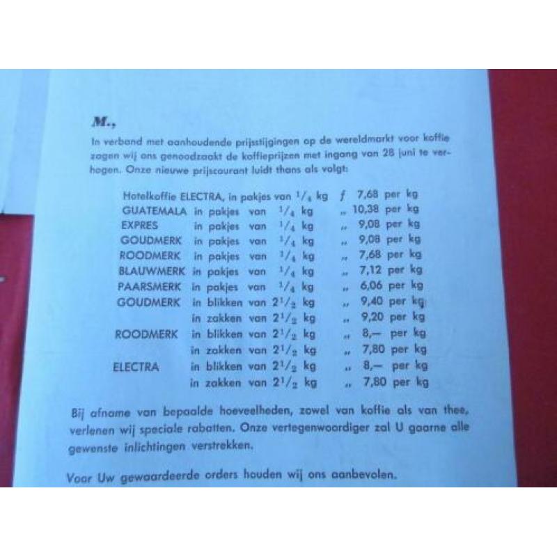 Prijscourant koffie van Van Nelle 28 juni 1956 met bijlage
