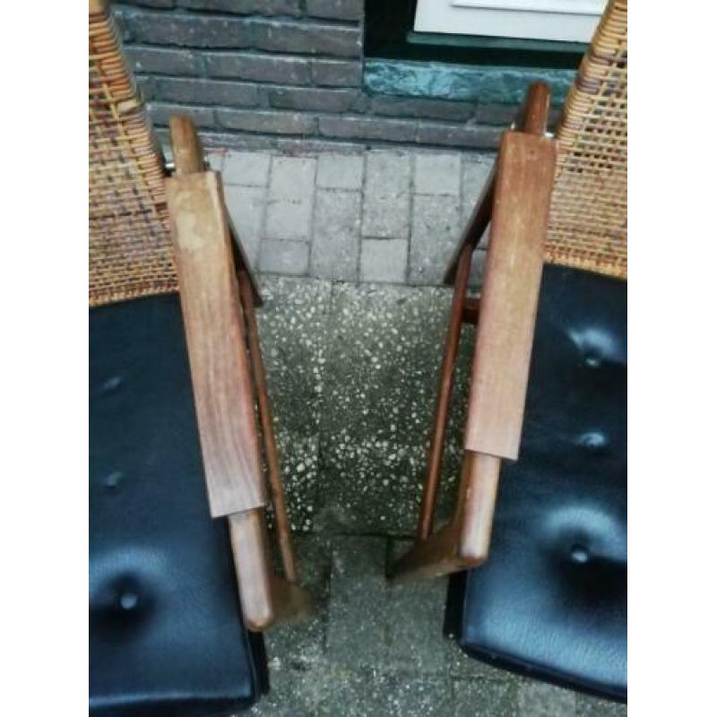 2 x mid century PJ Muntendam leather rattan easy chairs
